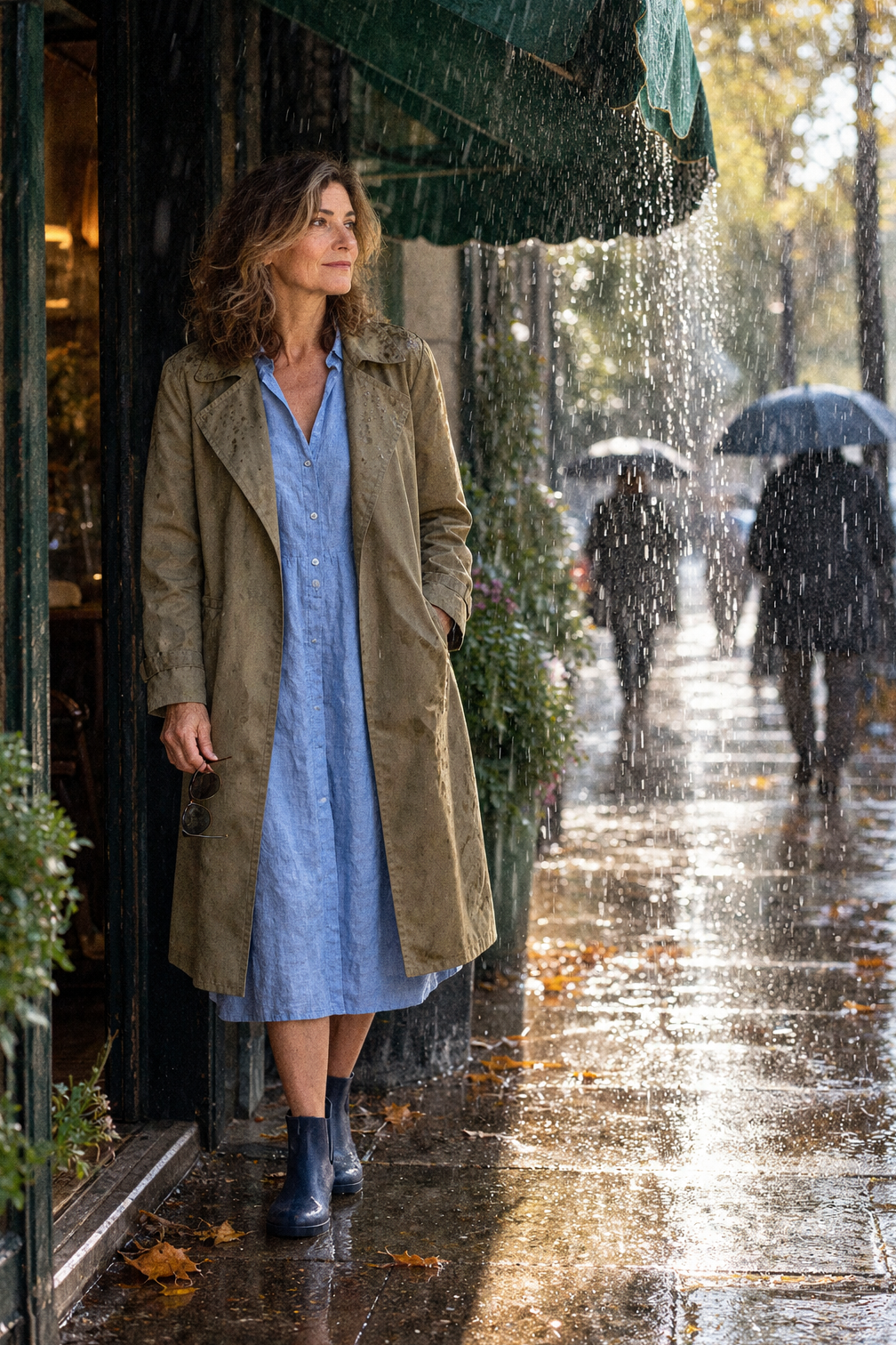 polished everyday rainy day outfit for work: waterproof tan trench over a sky blue linen shirt dress with navy rubber Chelsea boots