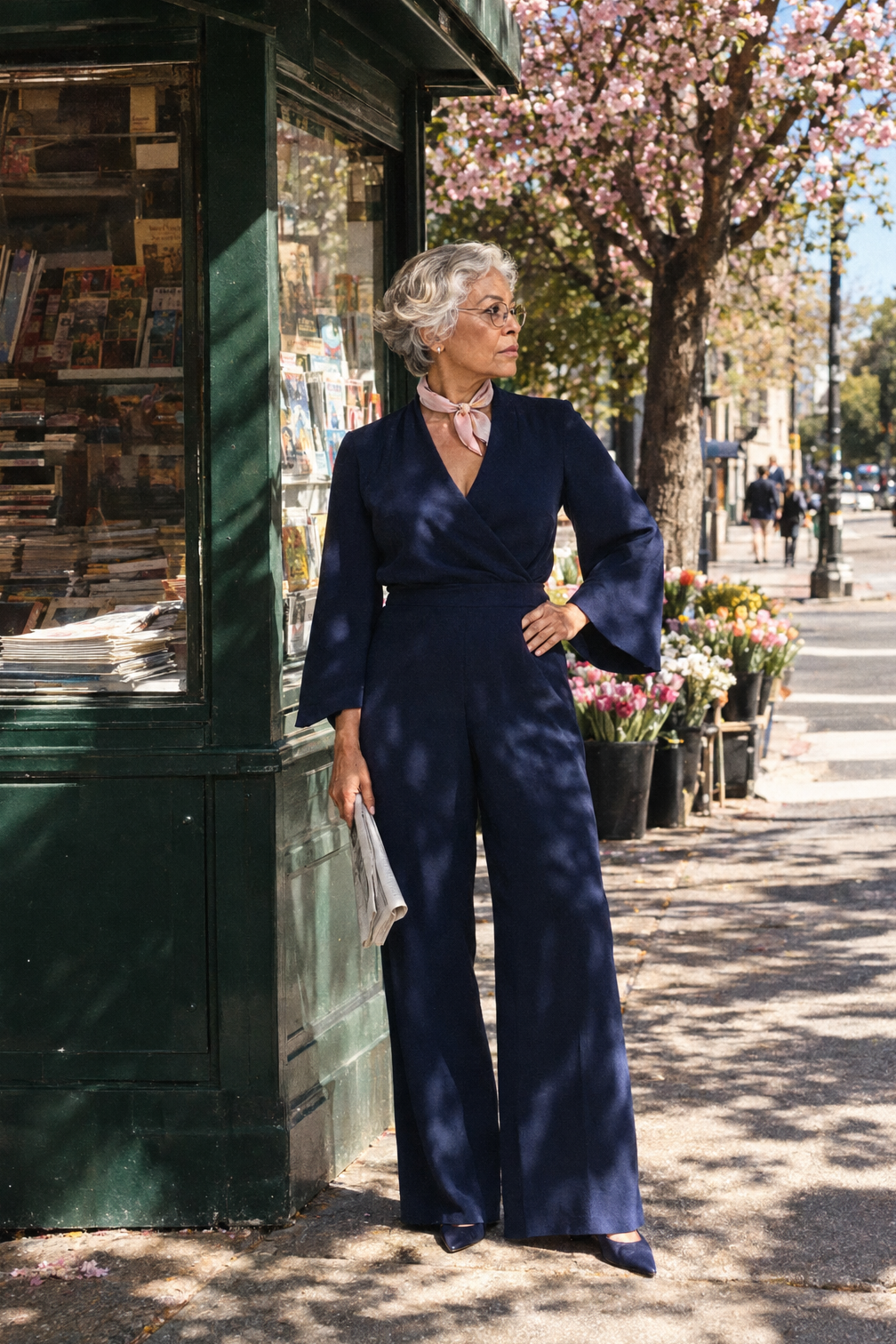 April spring brunch mother of the groom outfit over 60: navy bell sleeve surplice jumpsuit with small blush silk scarf and navy pointed flats
