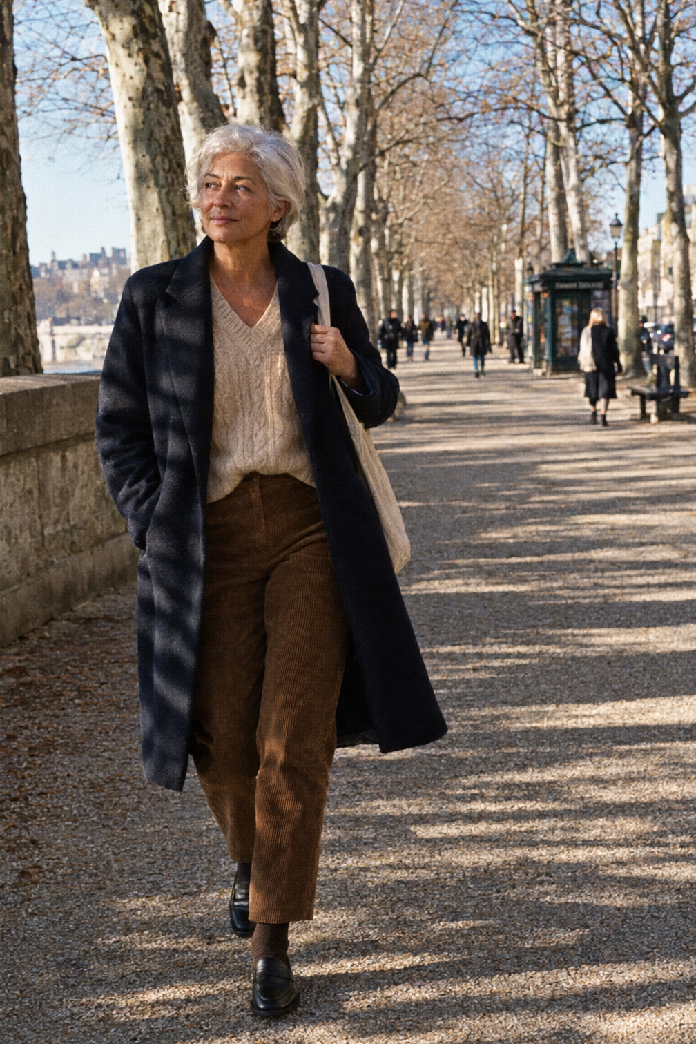 how to style black loafers in winter with coffee bean corduroy pants, a wheat cashmere cable knit and a black leather loafer
