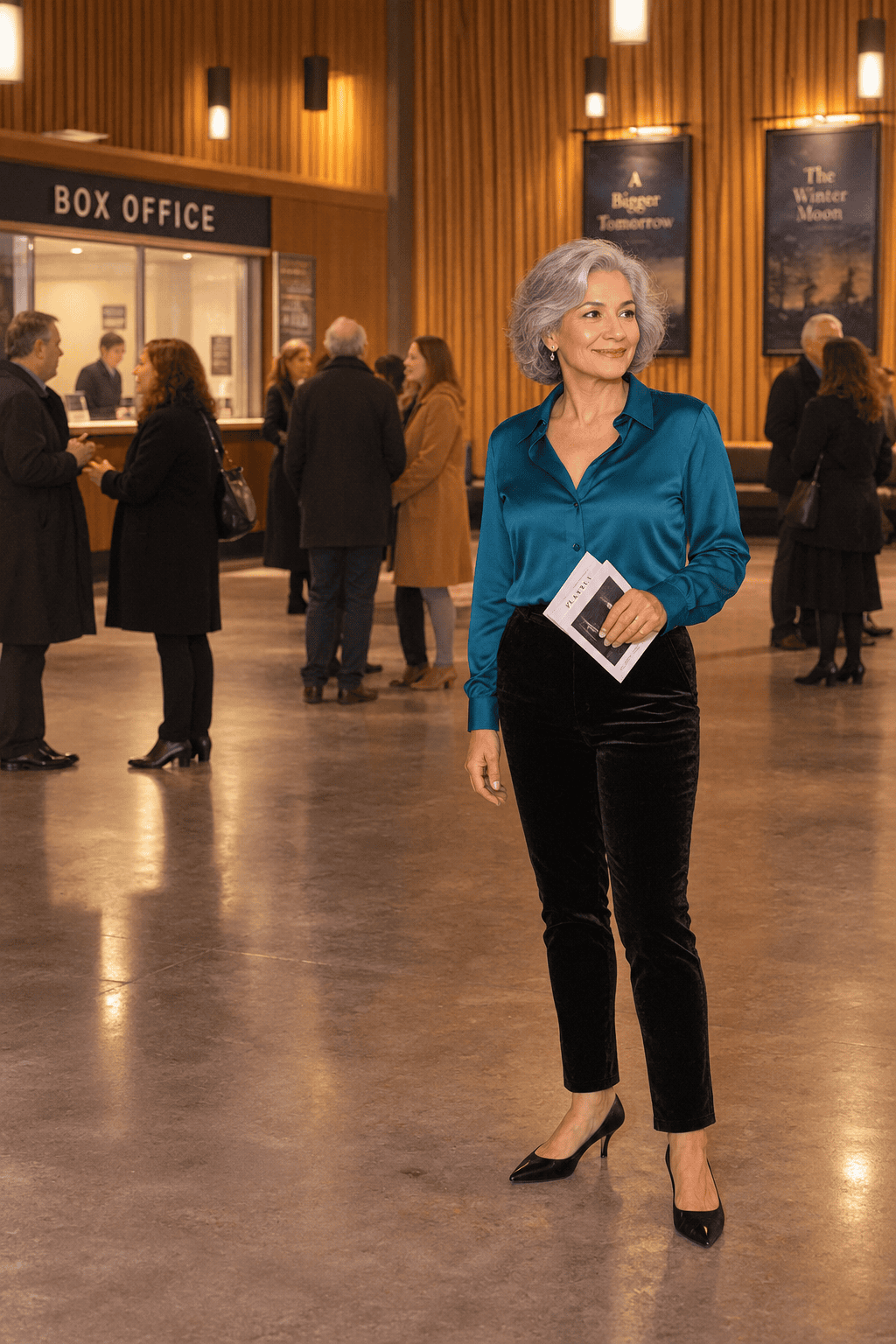 petite holiday outfit for women over 60: peacock blue silk shirt tucked into black velvet ankle trousers with black kitten-heel pumps