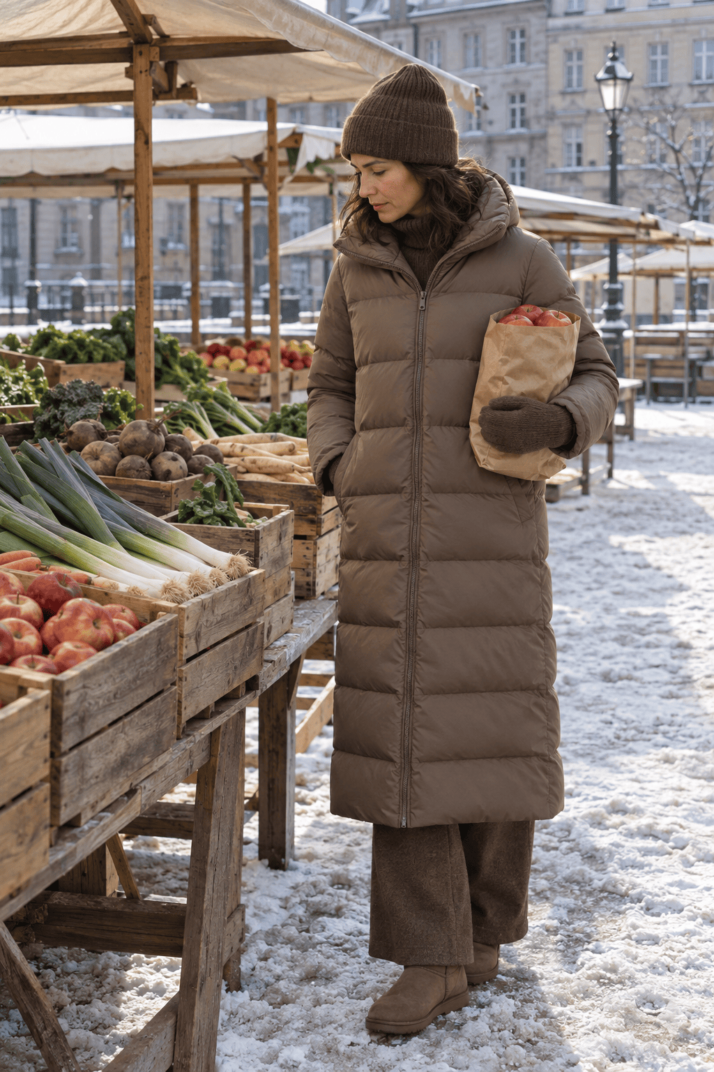 tonal brown winter market outfit: taupe-brown calf-length down puffer, cocoa cashmere turtleneck, wide brown wool trousers and sheepskin boots