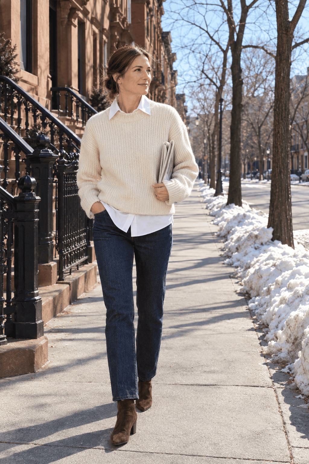 Sunday brunch outfit: ivory chunky ribbed sweater layered over white poplin shirt, dark rinse jeans and chocolate suede ankle boots