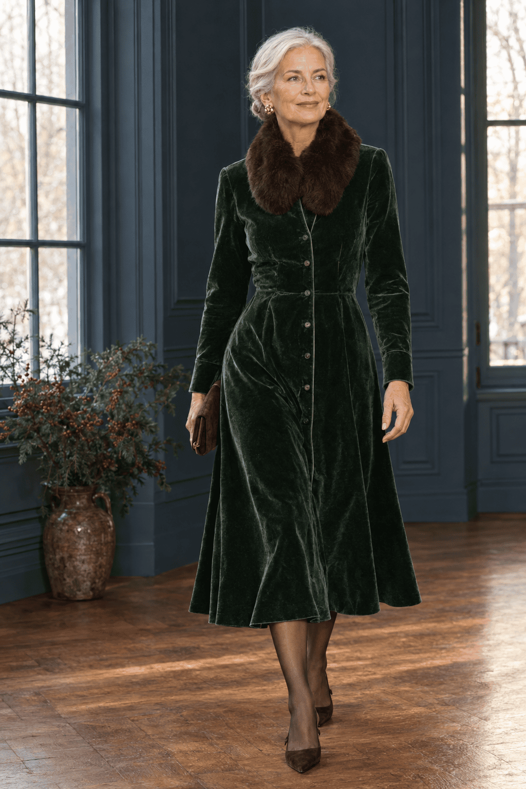 mother of the bride winter wedding outfit for church and reception: fir green velvet long-sleeve midi shirt dress, espresso faux fur scarf worn as a collar and dark brown suede slingback pumps