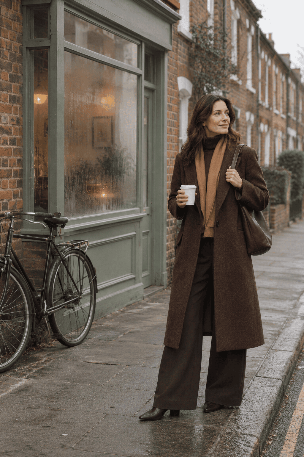 what to wear in London in winter for brunch: long chocolate brown coat, dark brown cashmere roll neck, espresso wide-leg trousers and dark brown leather booties