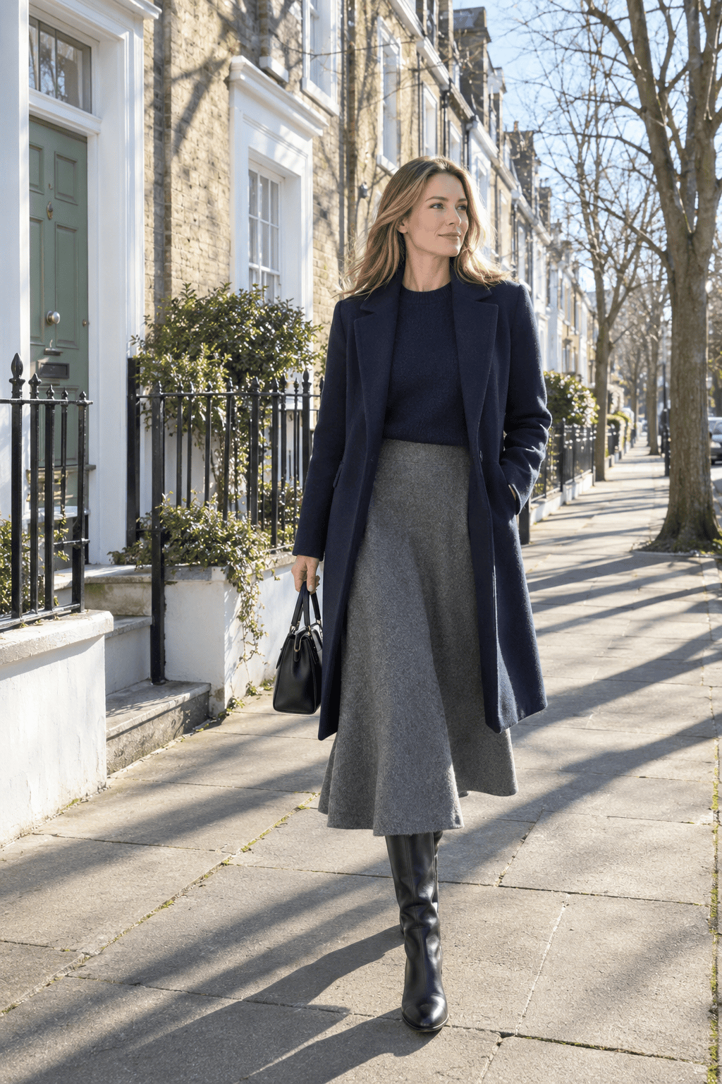 navy and grey simple winter lunch outfit: navy cashmere crewneck, grey brushed flared midi skirt and black knee-high boots