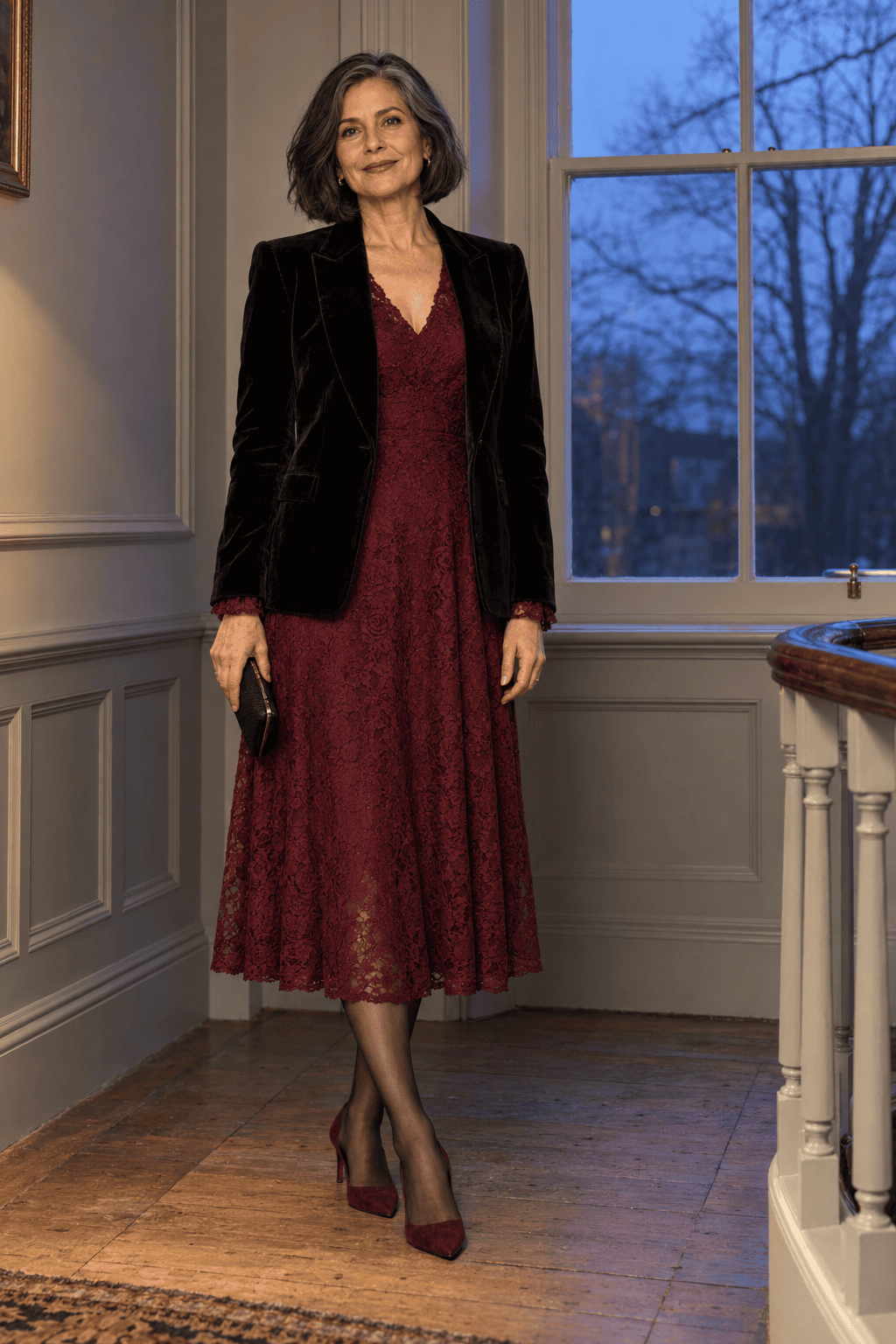 winter wedding guest outfit for women over 50: burgundy lace long-sleeve midi dress, black velvet blazer, sheer black tights and burgundy suede pumps