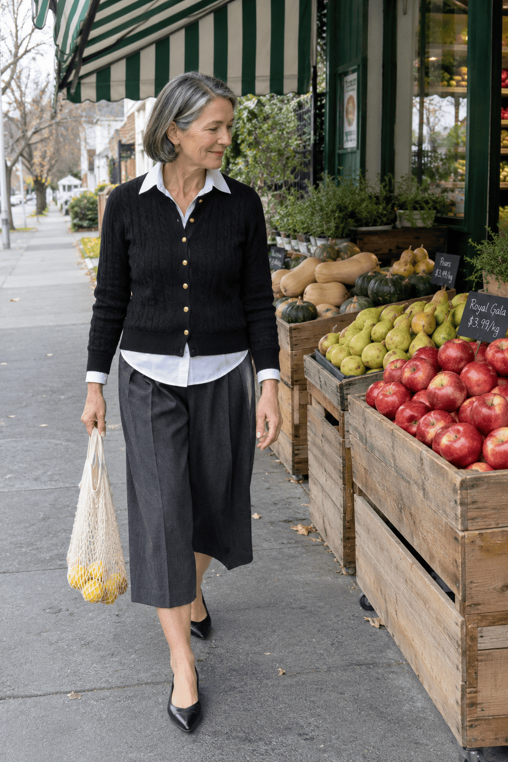 timeless black and white outfit for women over 60: white poplin shirt, black cable-knit cardigan and dark gray pleated culottes