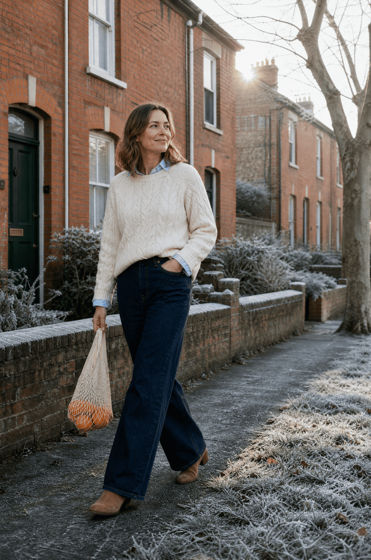 casual winter teacher outfit: ivory cable-knit crewneck over a pale blue oxford shirt with dark wide-leg jeans and tan suede ankle boots