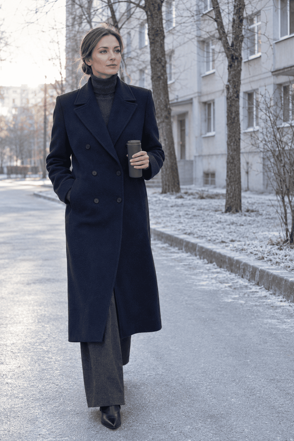 old money winter color combination charcoal and navy: long navy double-breasted overcoat, charcoal cashmere turtleneck, charcoal wide-leg flannel trousers and black ankle boots