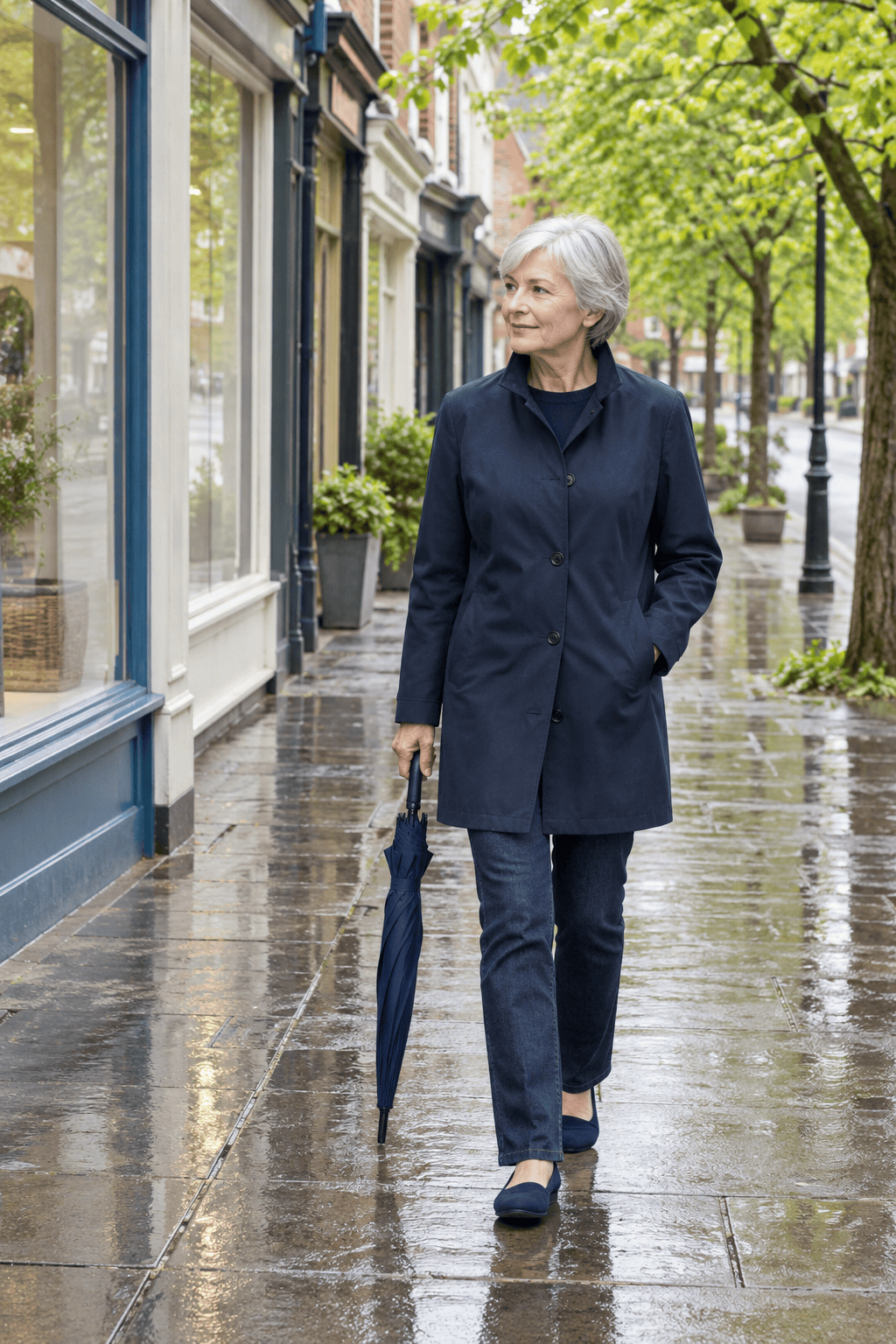rainy spring day outfit for women over 60: navy cotton mac buttoned over a navy cotton crewneck with dark indigo straight jeans and navy knit loafers