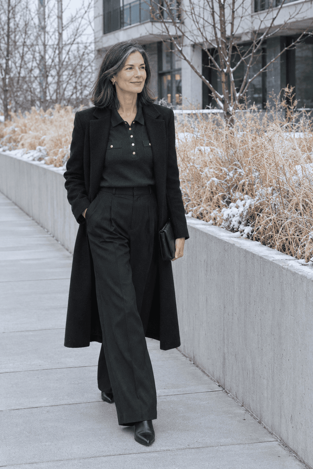 elegant winter outfit for women over 50: long black coat over a fitted forest green polo-collar sweater, black wide-leg trousers and black block-heel ankle boots