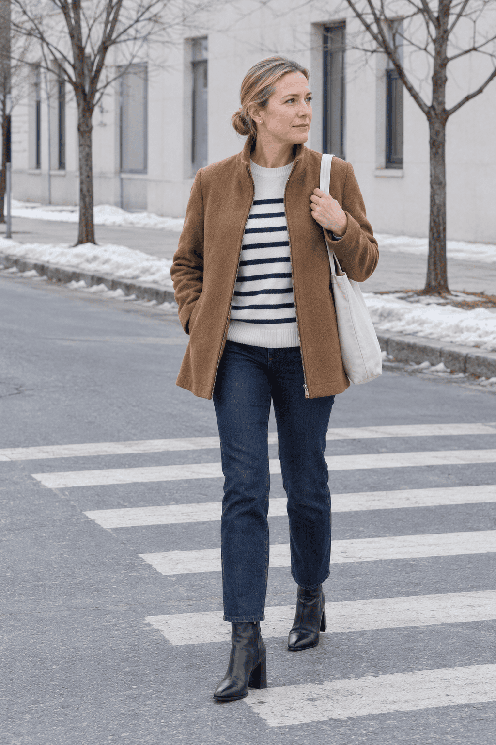 Saturday errands winter outfit for women over 40: dark camel short zip-front wool coat with stand collar, ivory sweater with navy stripes, dark indigo straight jeans and black ankle boots