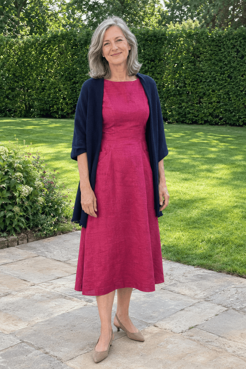 mother of the bride outfit in berry rose: sleeveless A-line dupioni midi dress with a navy cashmere wrap around the shoulders and taupe suede kitten-heel slingbacks