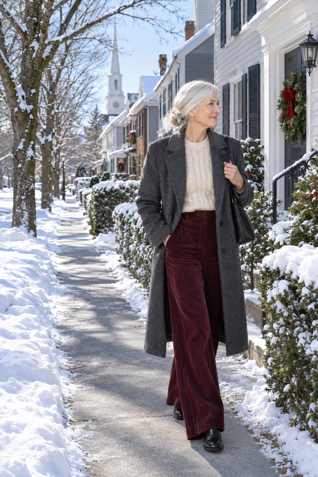 classy christmas church outfit: ivory cable-knit cashmere crewneck with burgundy wide-leg corduroy trousers and a long charcoal coat