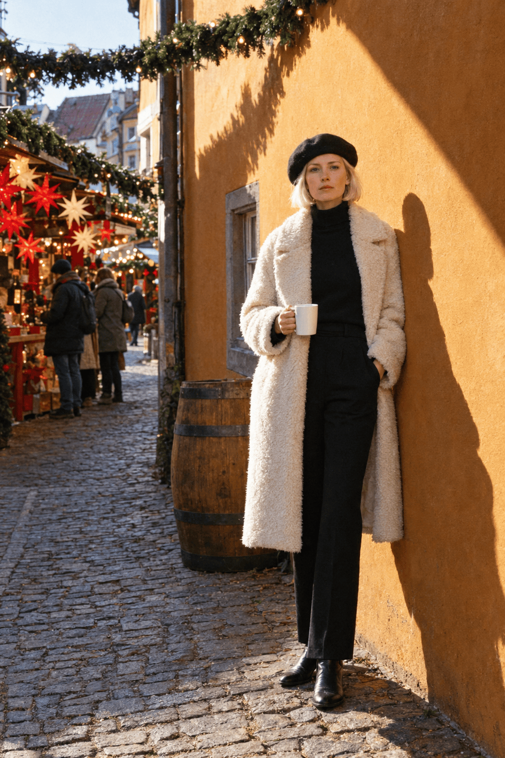 evening christmas market outfit with a knee-length cream teddy coat, black turtleneck and black wool trousers