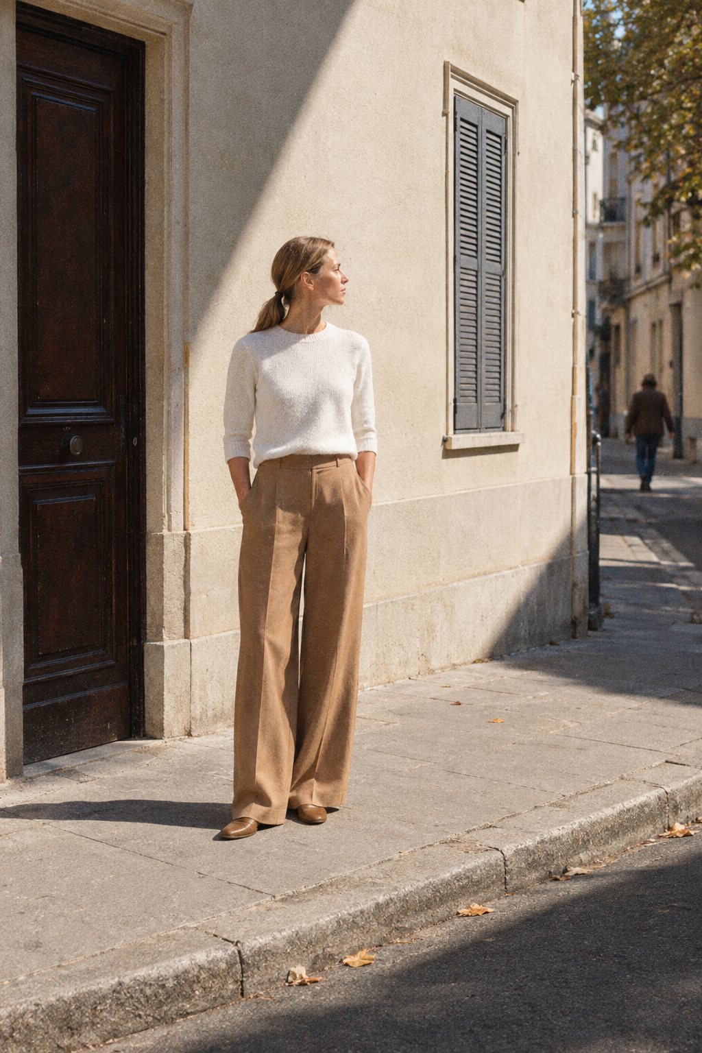 Old money designer brands: woman in a white cashmere sweater and camel trousers in the Loro Piana style
