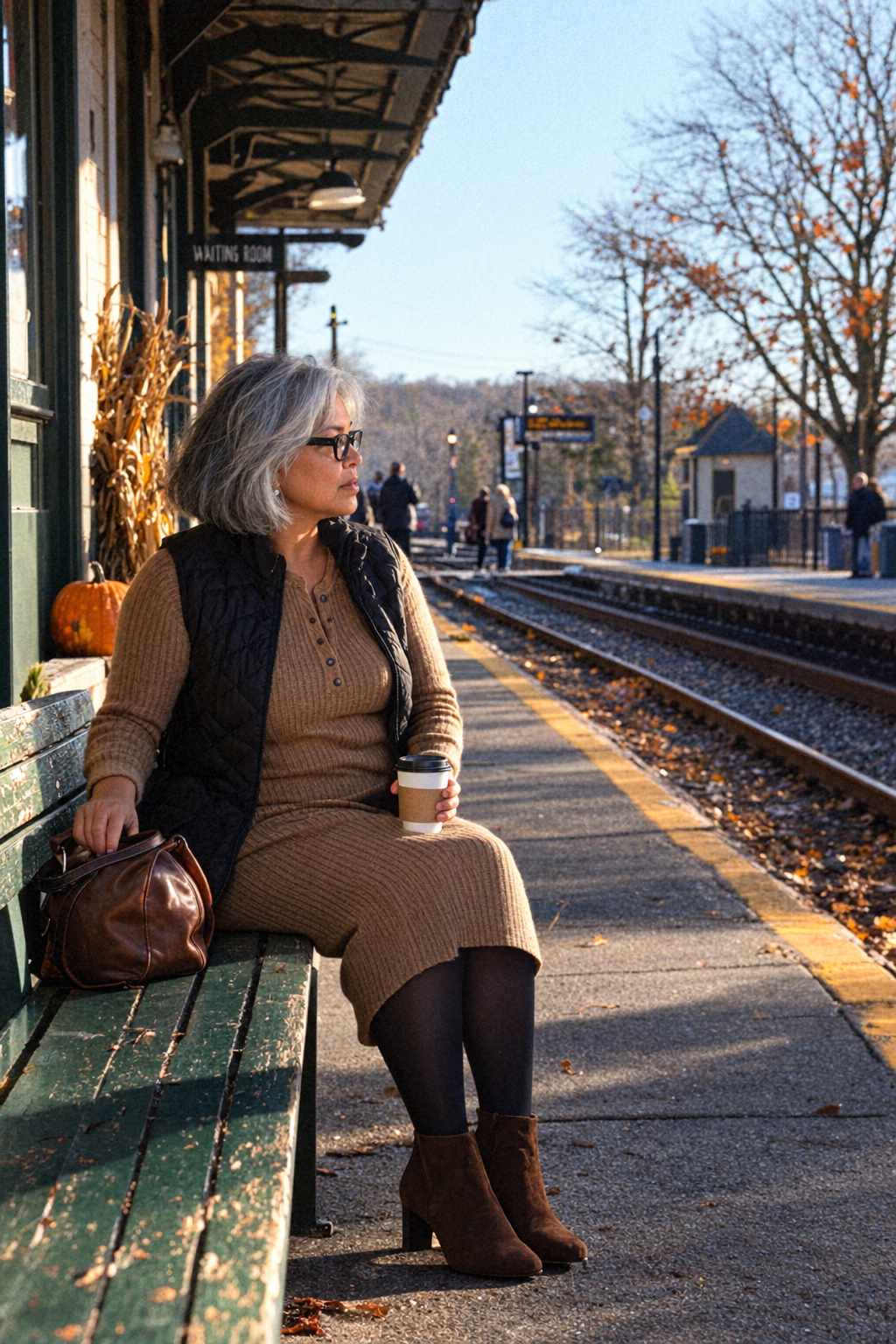 women over 60 thanksgiving outfit: camel ribbed knit midi dress, black quilted vest and suede block-heel booties