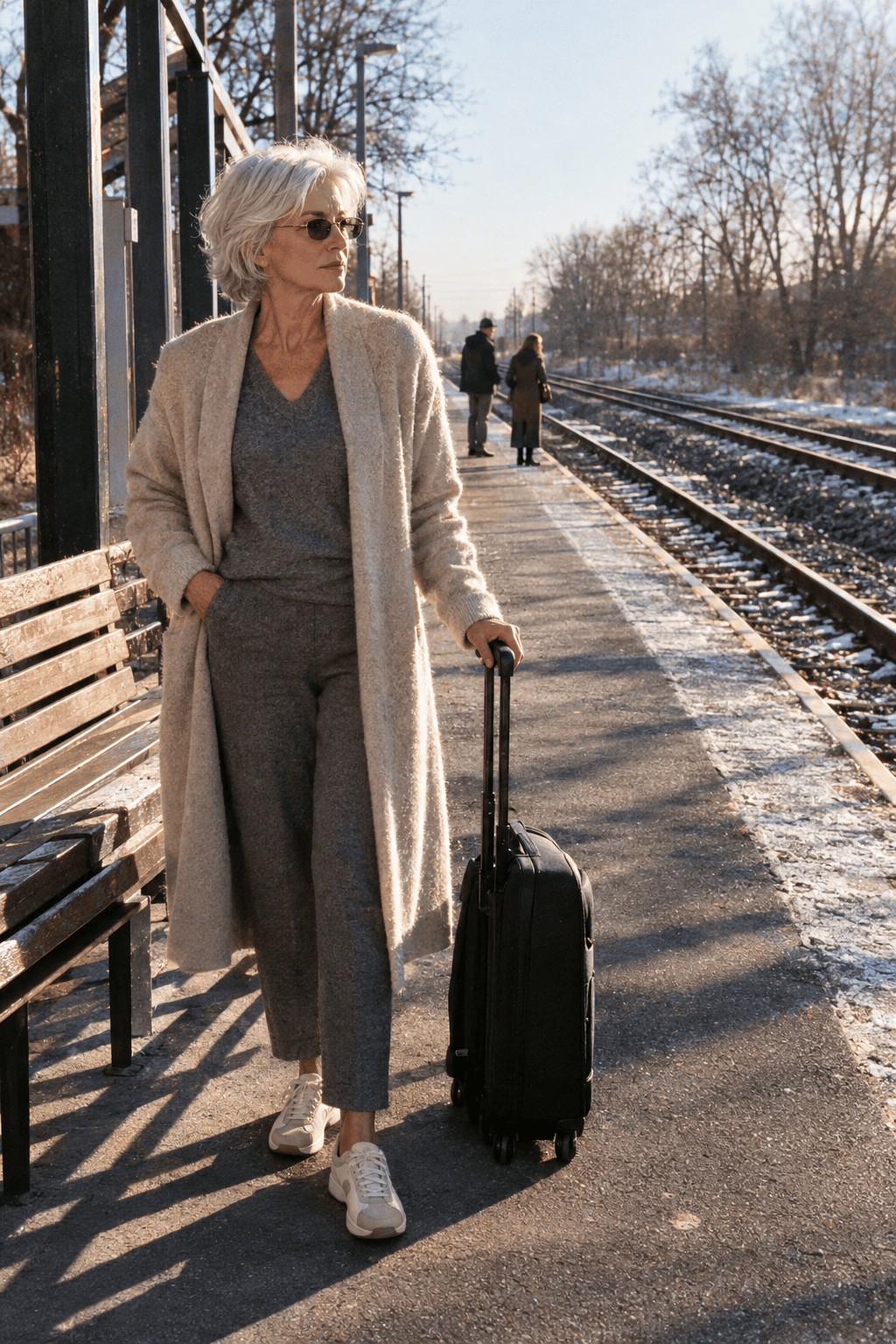 women over 60 winter travel outfit: grey washable knit sweater and pants set, oatmeal cashmere duster cardigan and cream leather suede sneakers