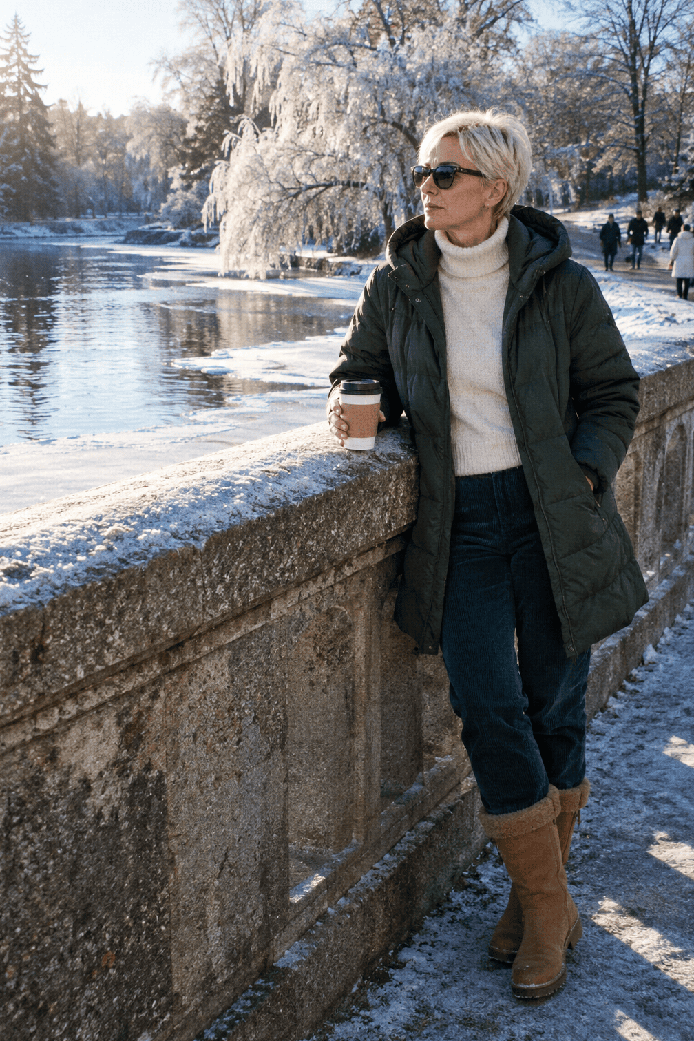 casual winter outfit: woodland green quilted parka, cream cashmere turtleneck, midnight teal corduroy pants and camel brown Sorel snow boots
