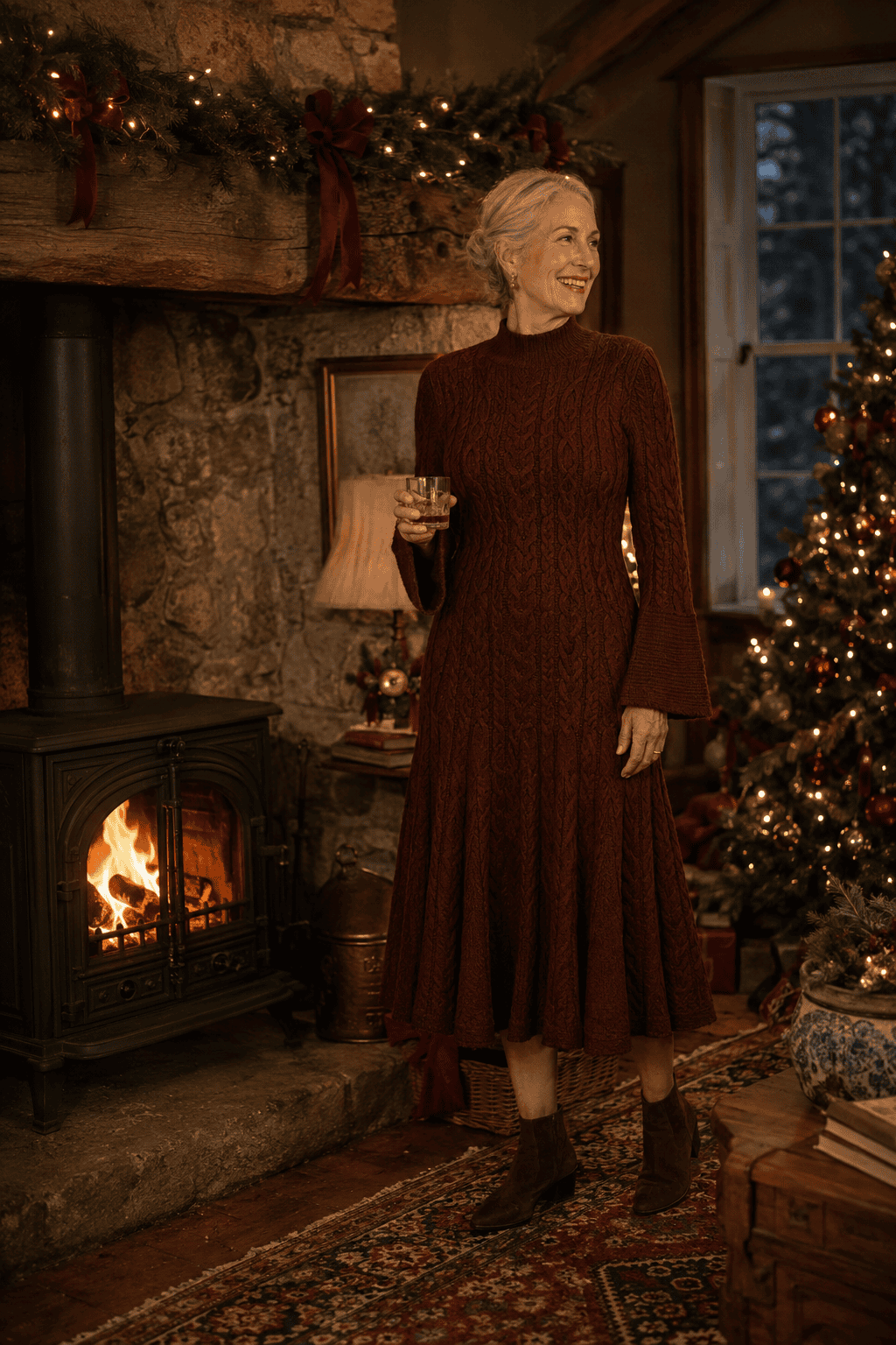 christmas evening outfit for women over 60: chocolate brown cable-knit midi dress with brown suede ankle boots and gold hoop earrings by the fireplace