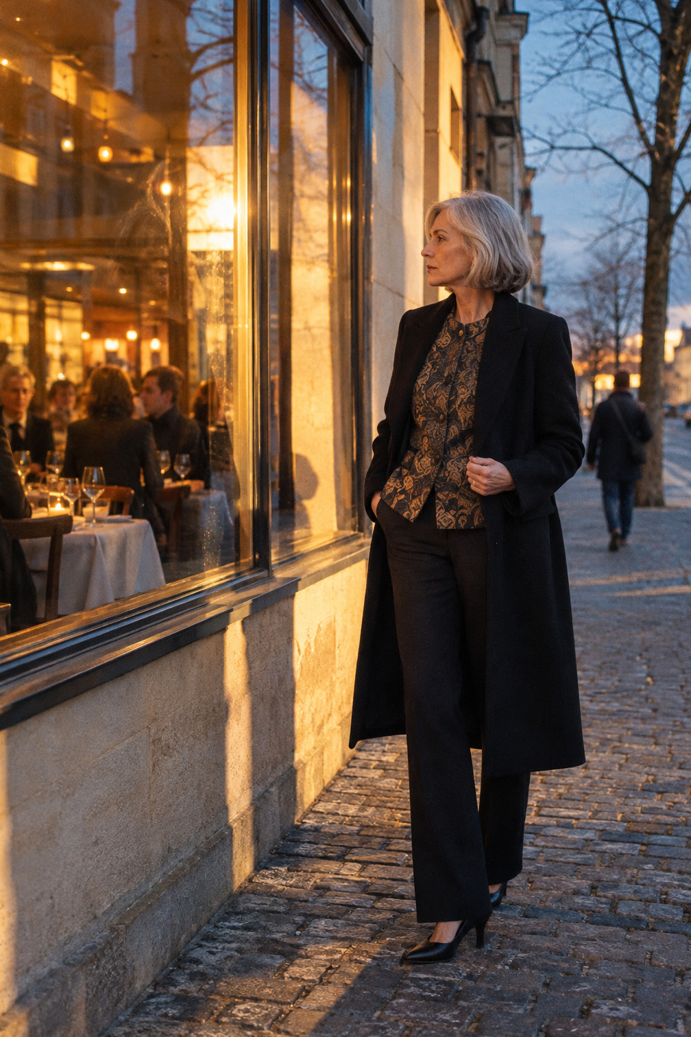 holiday-neutral winter dinner party outfit: black and gold jacquard jacket, black ponte trousers, black pointed pumps and a black collarless wool coat
