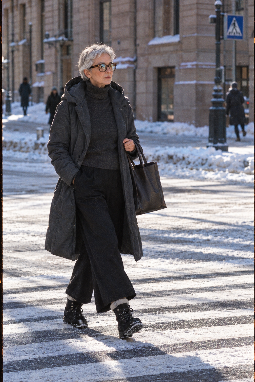 snow outfits for women: charcoal gray insulated hooded trench coat, charcoal alpaca turtleneck, black pleated trousers and black suede snow boots on a snowy city crosswalk