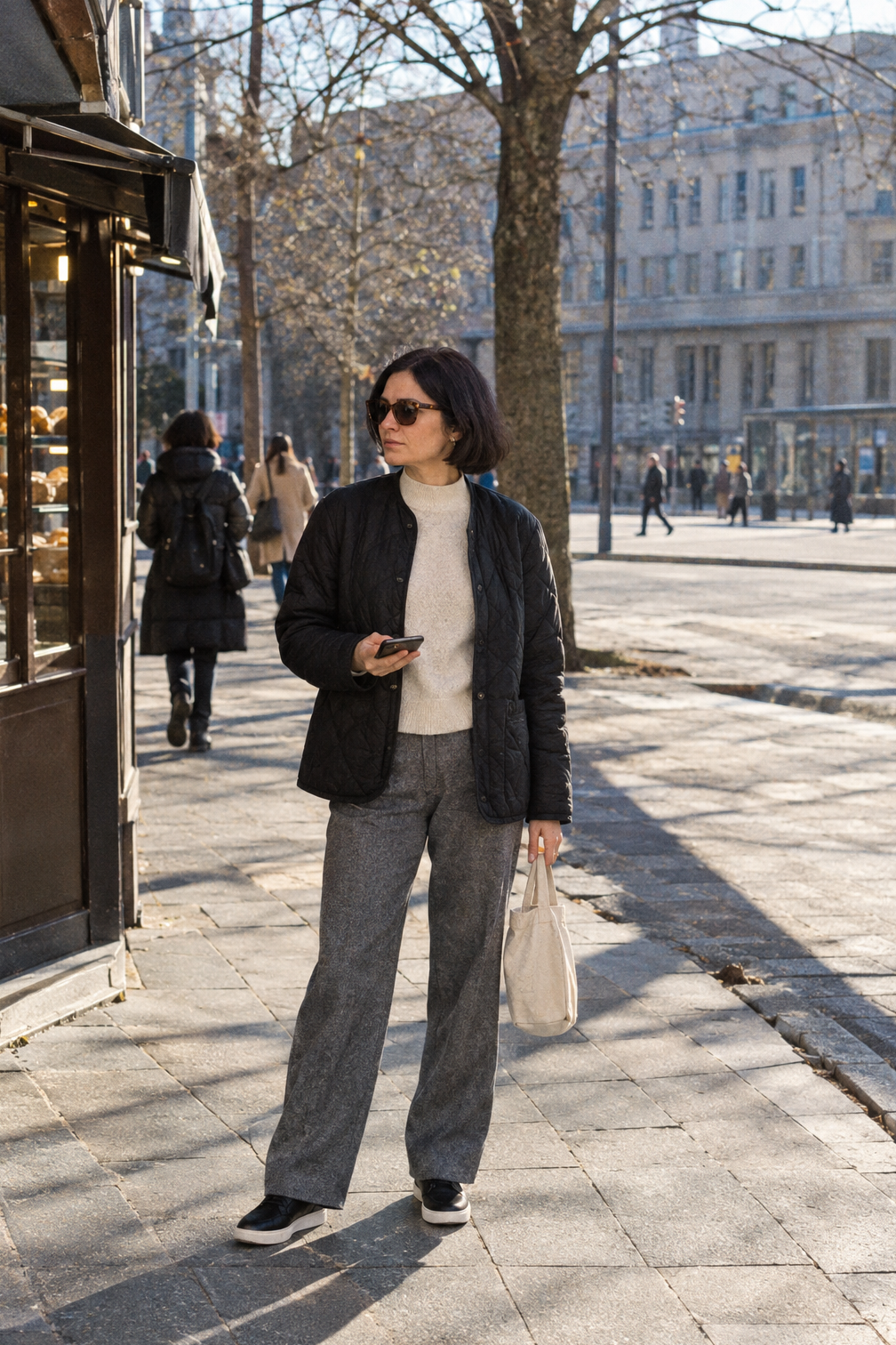 hand-luggage-only winter airport outfit: black quilted liner jacket with heather gray wool flannel trousers and black slip-on sneakers