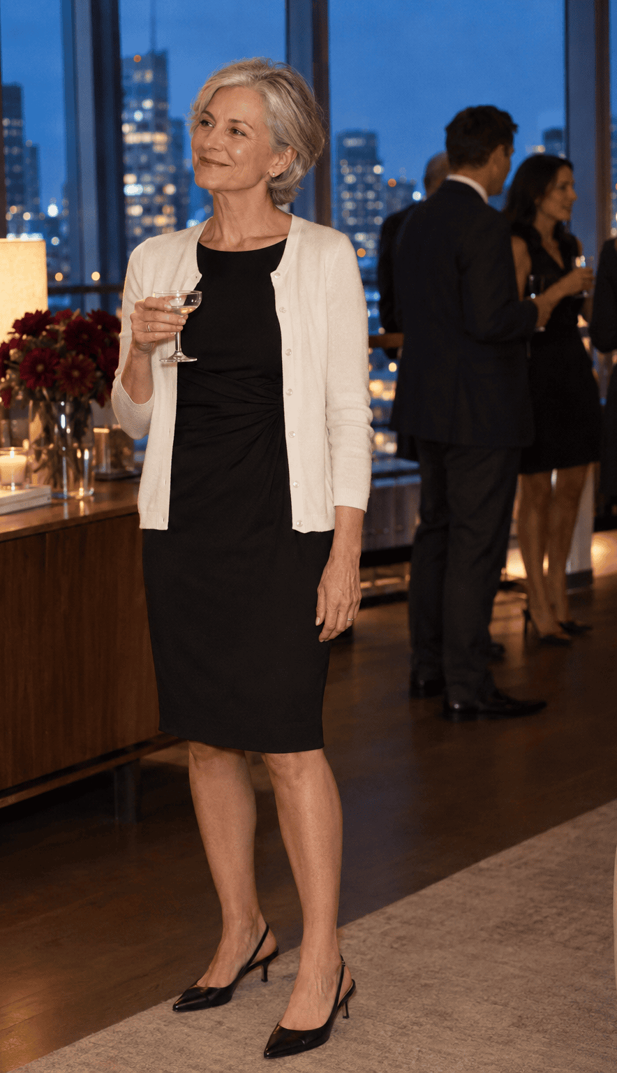 petite cocktail outfit for women over 60: black knee-length sheath dress, ivory pearl-button cardigan and black pointed slingback heels