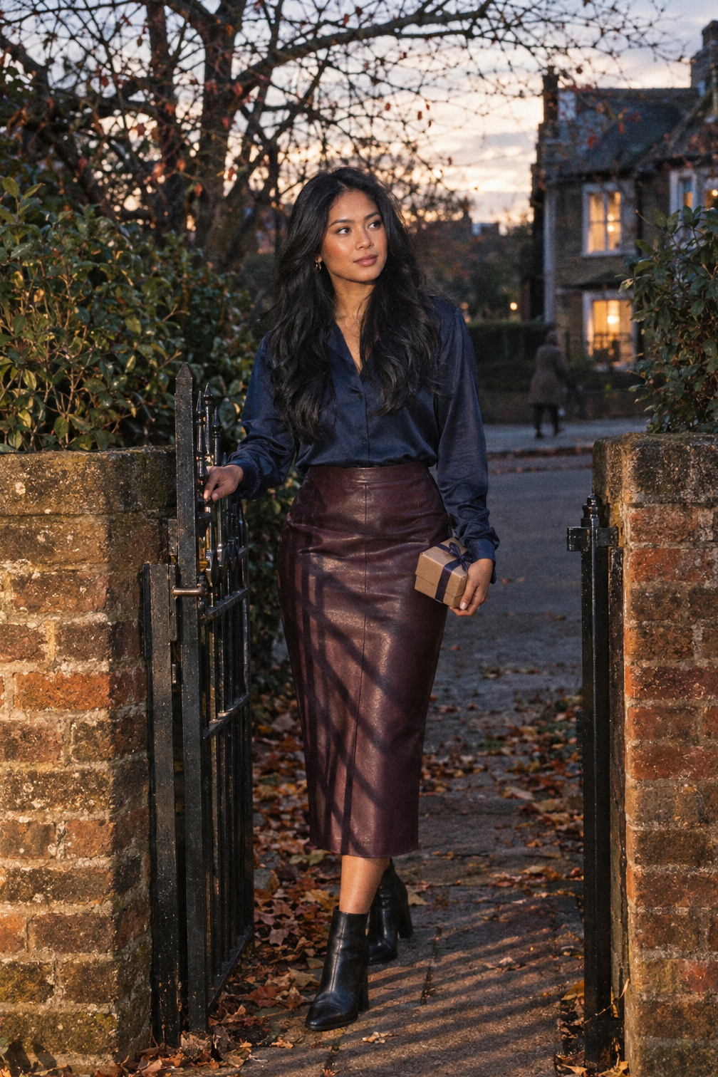dinner party outfit ideas for guests: navy silk blouse tucked into a dark plum vegan leather pencil midi skirt with black leather ankle booties