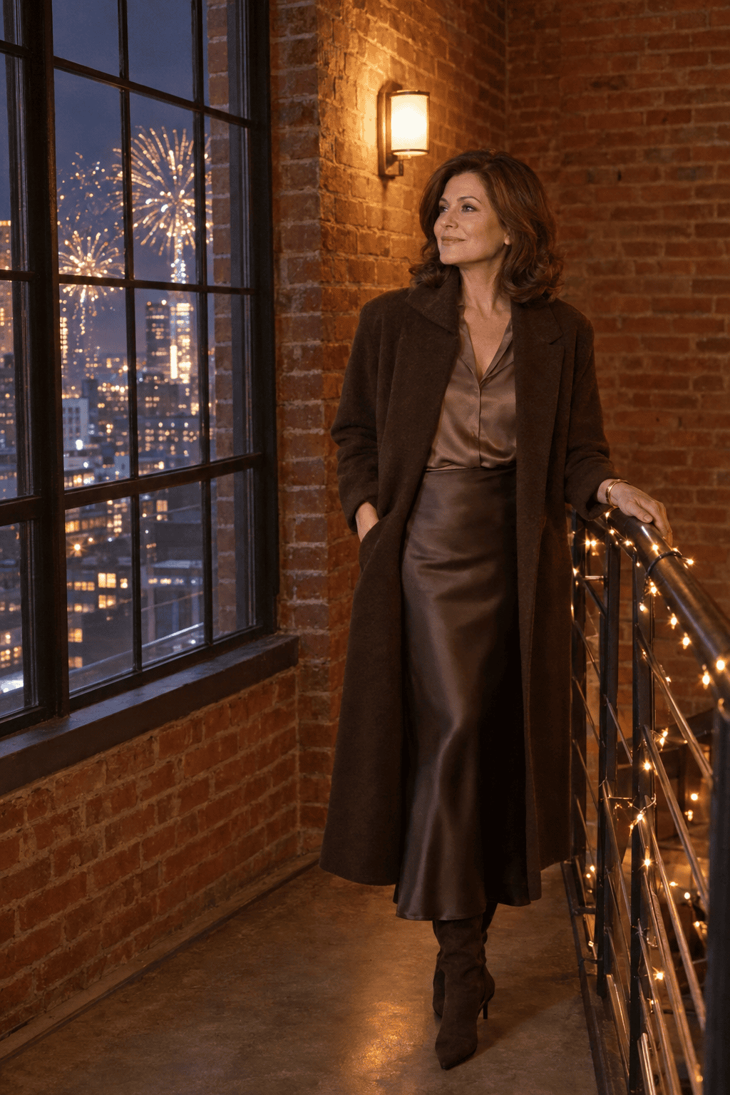 warm new years eve dinner outfit: mocha silk blouse tucked into an espresso satin maxi skirt with a long brown funnel-neck wool coat and dark brown suede knee boots