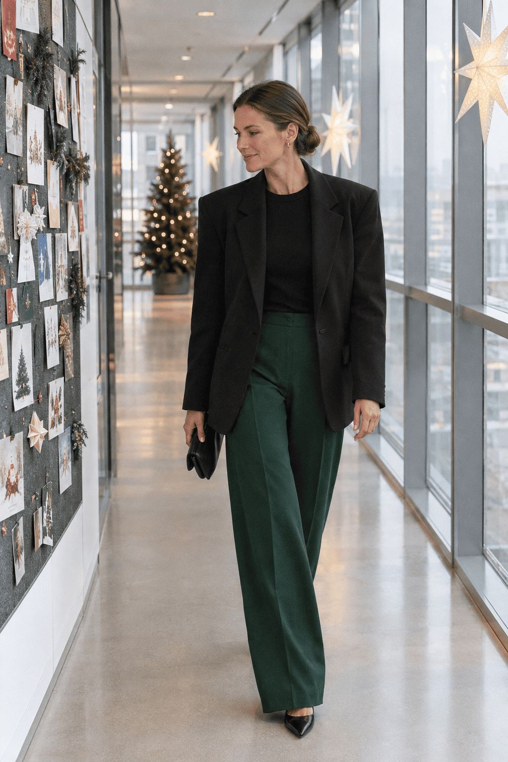 office christmas party outfit for women over 40: boxy black blazer and black merino sweater with forest green wide-leg trousers and black slingbacks