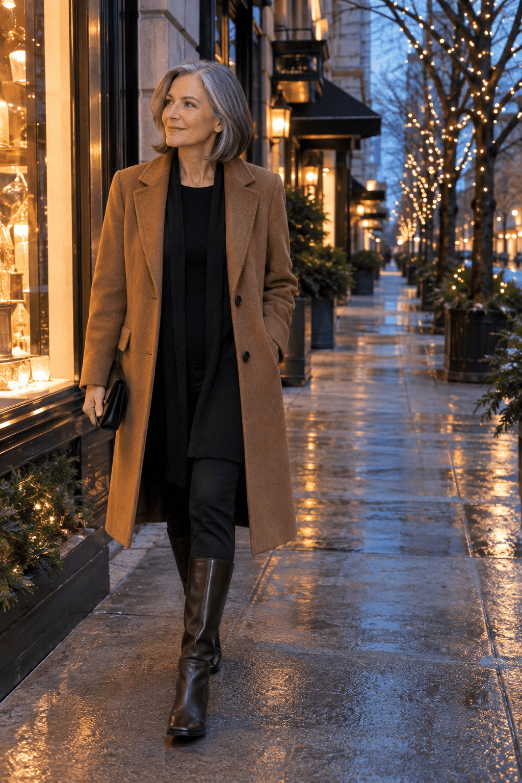 dinner out outfit for women over 60: camel wool coat over a long black cashmere cardigan, black straight ponte pants and brown tall boots