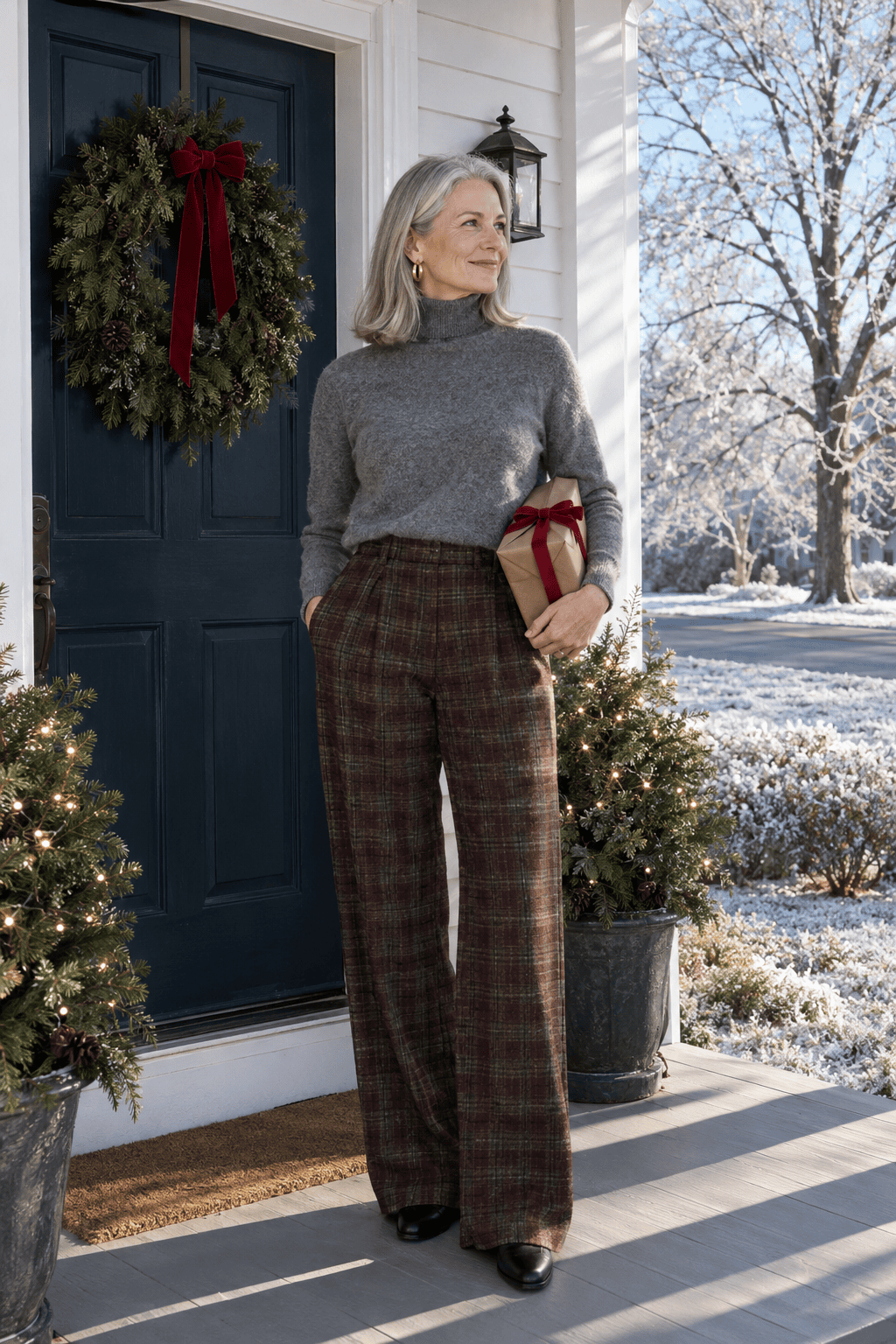 christmas dinner outfit for women over 50: grey cashmere turtleneck, maroon and olive tartan wide-leg wool trousers and black penny loafers