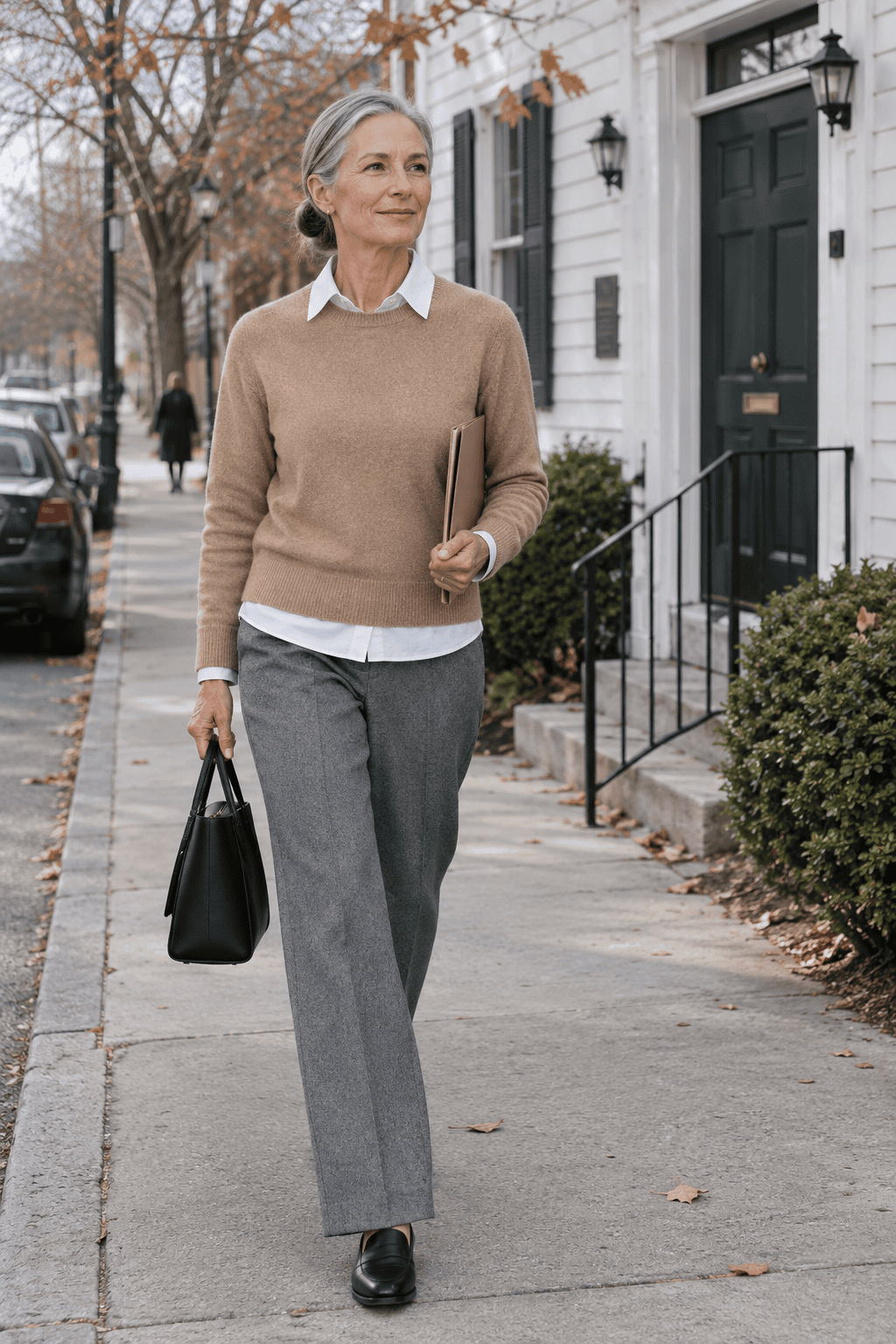 camel cashmere crewneck layered over a white poplin shirt with medium heather gray pull-on trousers and black leather loafers, a polished casual outfit for women over 60