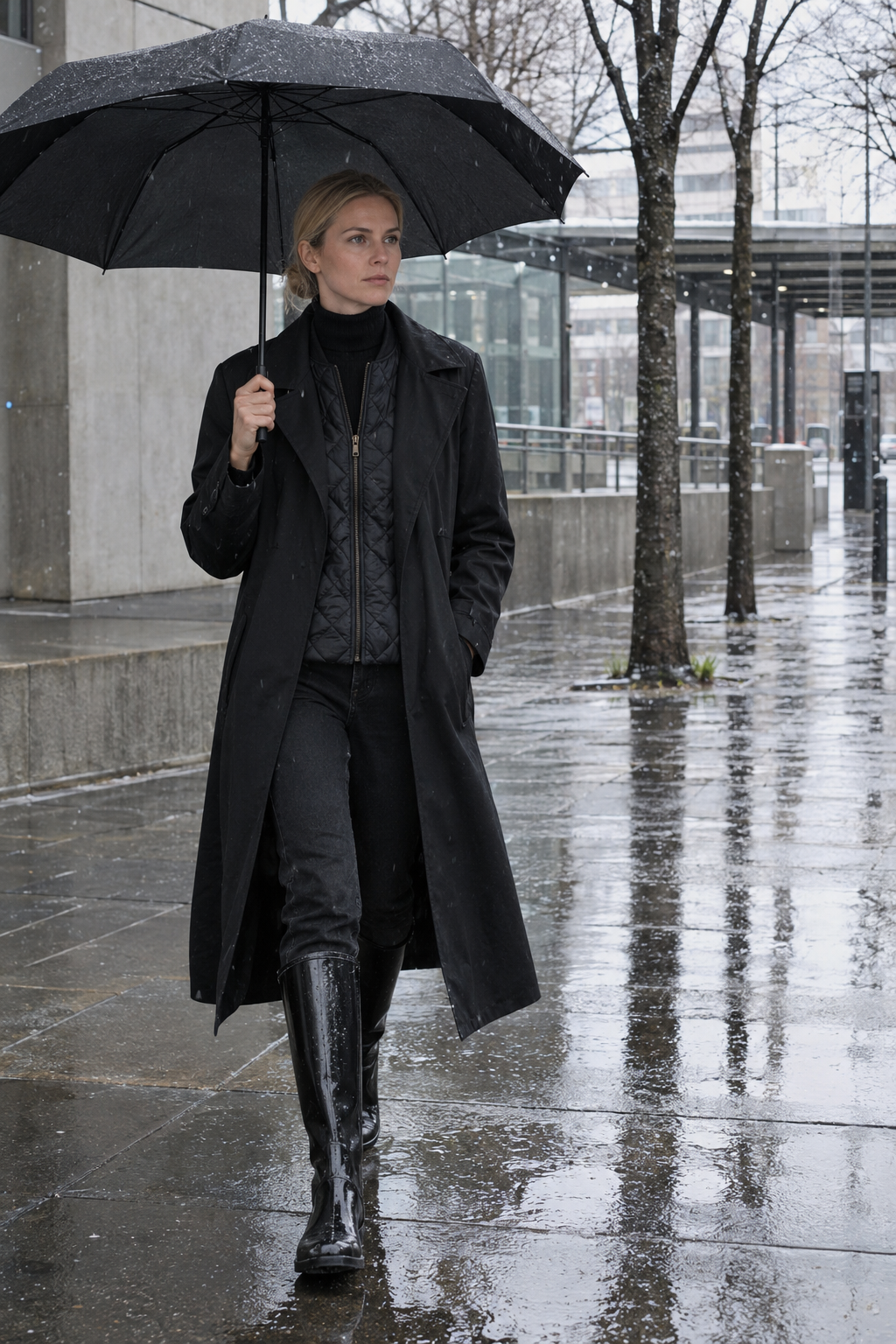 wet winter commute outfit: black quilted liner jacket under a long black trench coat, black rib turtleneck, black jeans and black gloss rain boots