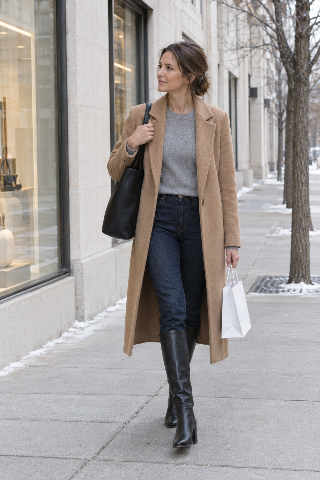 city shopping winter outfit: long camel coat, grey cashmere crewneck, dark jeans tucked into black knee boots and a black leather tote