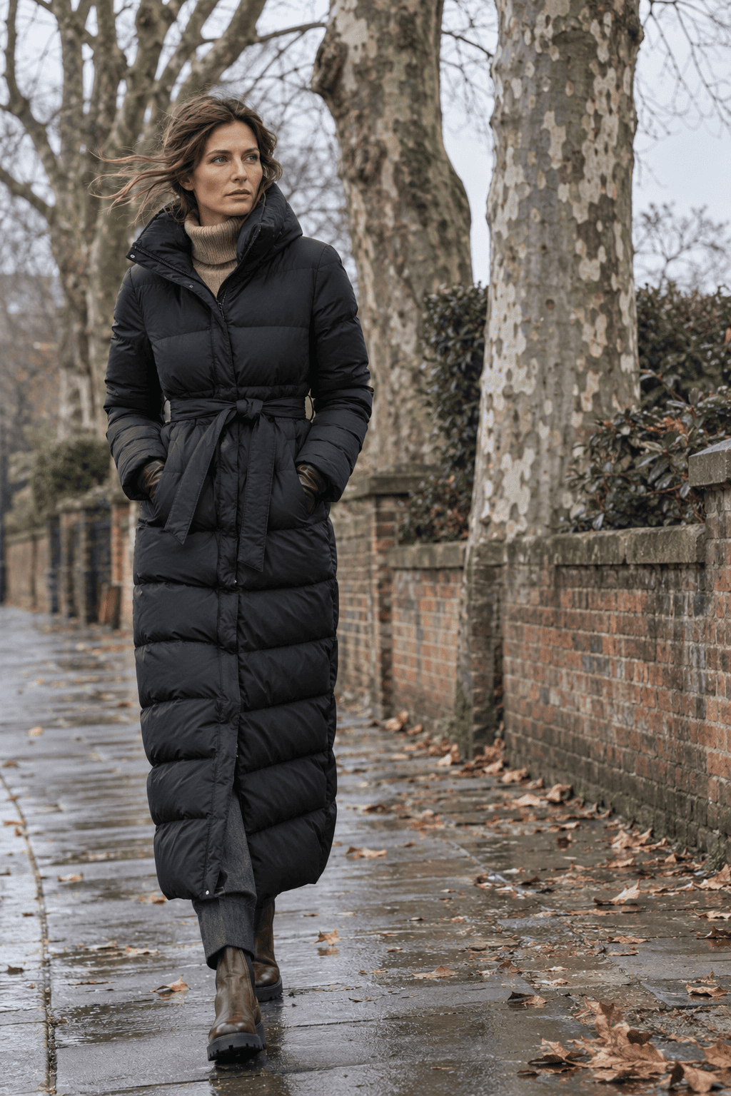 London winter outfit for the coldest day: belted black down maxi coat, camel cashmere roll neck, charcoal trousers and rustic brown Chelsea boots