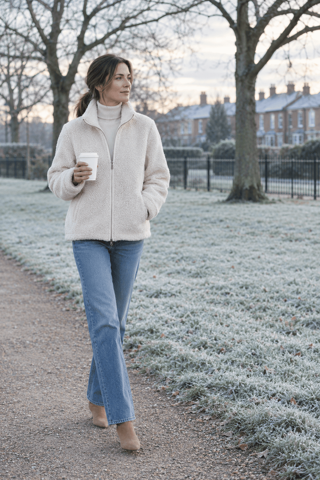cream on cream winter weekend outfit: cream fleece zip jacket, cream cashmere turtleneck, blue straight jeans and taupe-tan ankle boots