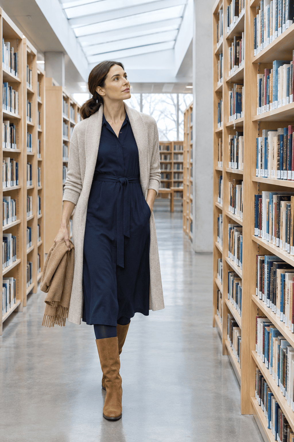 winter teacher outfit with a dress: navy belted midi shirtdress under an open oatmeal duster cardigan with navy tights and tan suede knee-high boots
