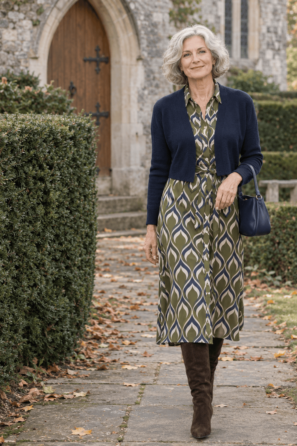 elegant Sunday lunch outfit for women over 60: navy geometric print midi shirt dress, cropped navy cardigan and brown suede knee boots