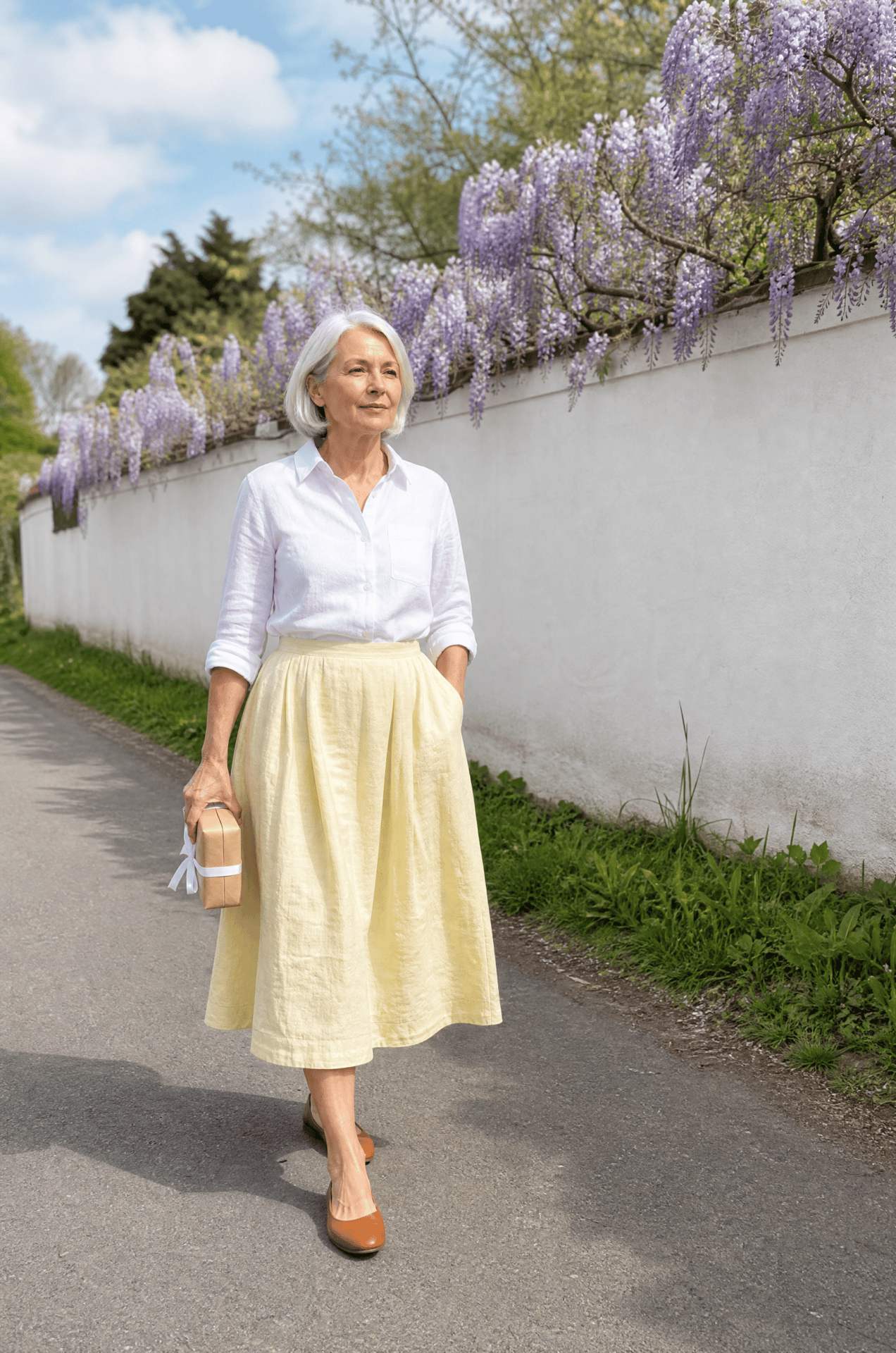 spring birthday lunch outfit for women over 60: white linen shirt with rolled sleeves tucked into a butter yellow pleated linen midi skirt with cognac leather ballet flats