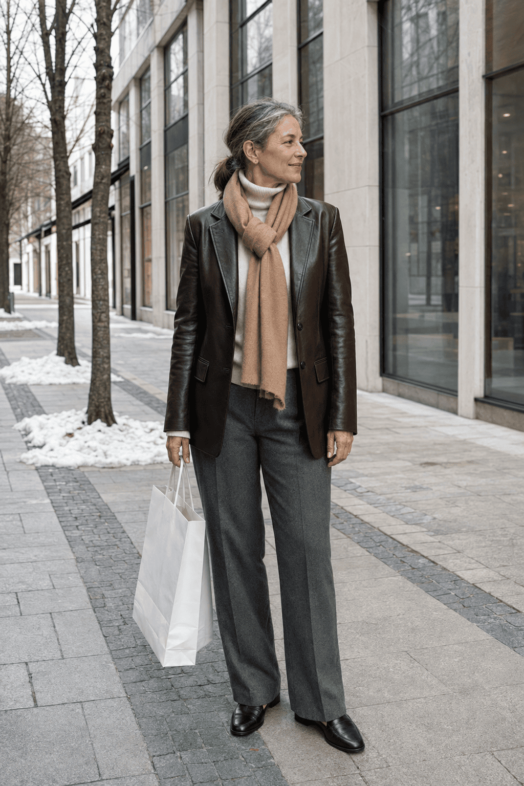 elegant winter outfit for women over 50: espresso brown leather blazer over a cream cashmere turtleneck, grey wool flannel trousers and black loafers