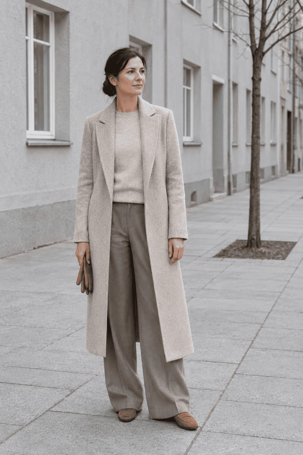 italian old money winter travel outfit: long stone wool-cashmere coat, oatmeal cashmere crewneck, taupe wide-leg trousers and tan-cognac suede penny loafers