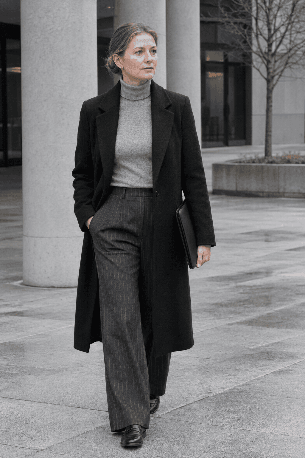office winter outfit for women over 40: black tailored wool coat, grey merino turtleneck, charcoal pinstripe wide-leg trousers and black penny loafers