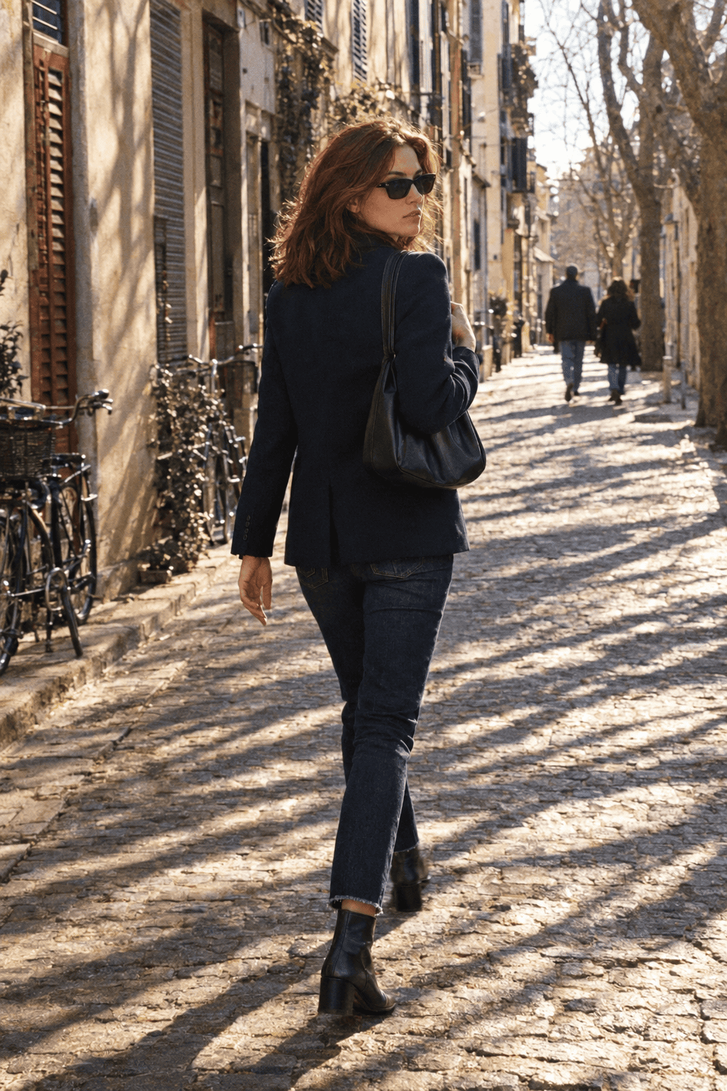 10 piece capsule wardrobe casual Friday outfit: navy wool blazer, ivory cashmere crewneck, dark indigo jeans and black ankle boots
