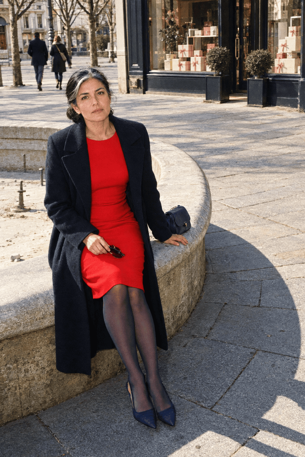 elegant Valentine's Day red dress outfit: bright red knee-length long-sleeve sheath dress with a long dark navy wool coat