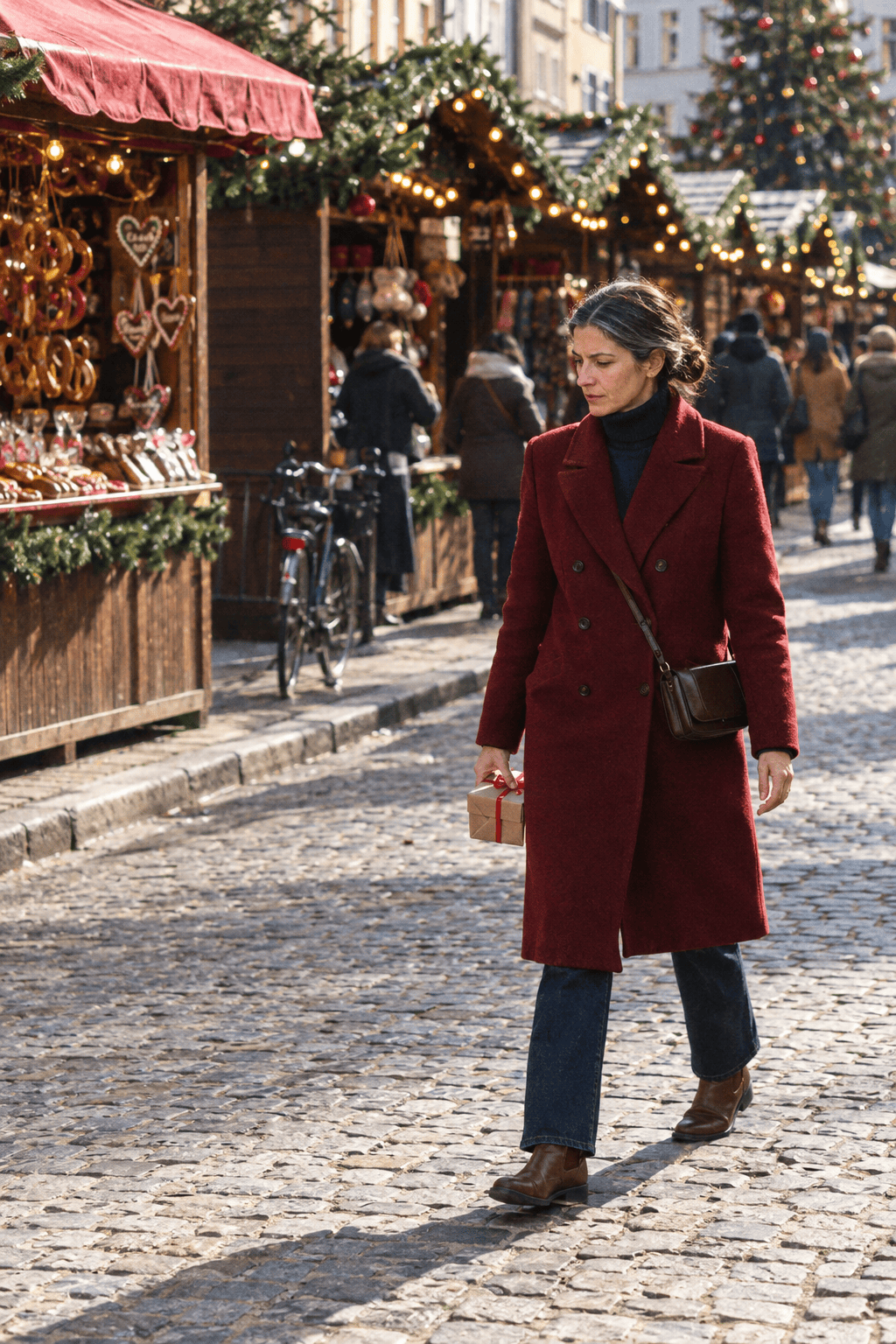 christmas market outfit with a long deep oxblood red wool-cashmere coat, navy turtleneck, dark jeans and brown leather chelsea boots