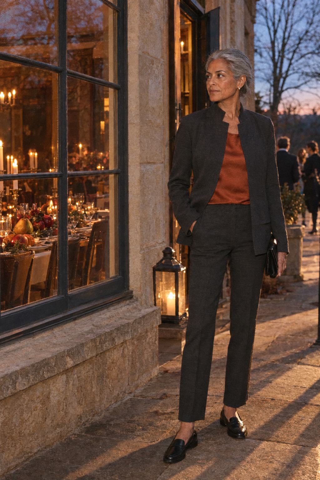 elegant thanksgiving outfit for women over 60: charcoal ponte blazer and straight pants with black penny loafers