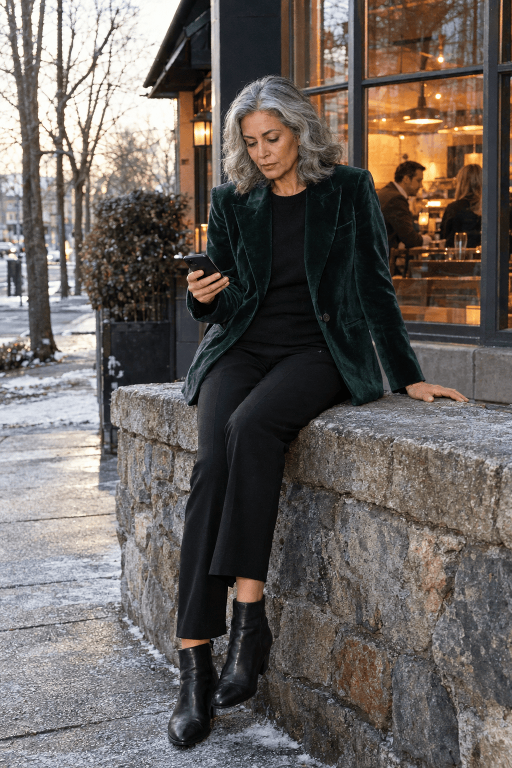 women over 60 holiday dinner outfit: midnight emerald velvet blazer, black cashmere crewneck and black ponte pants