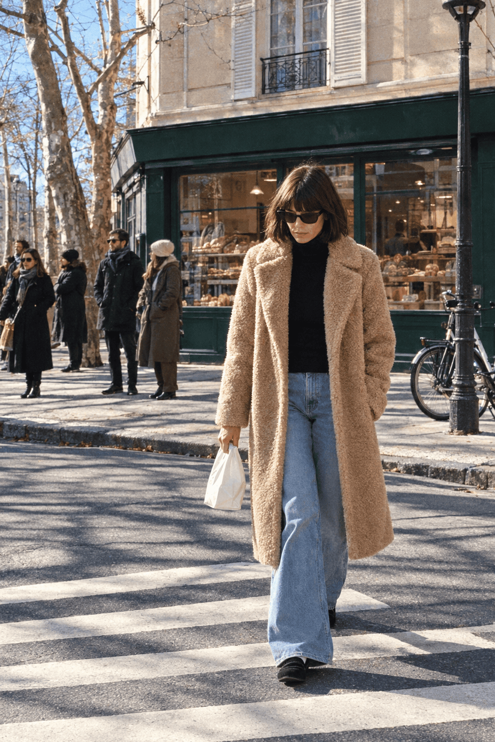 casual winter outfit: latte faux shearling teddy coat worn open, black cashmere turtleneck, light wash wide-leg jeans and black suede penny loafers